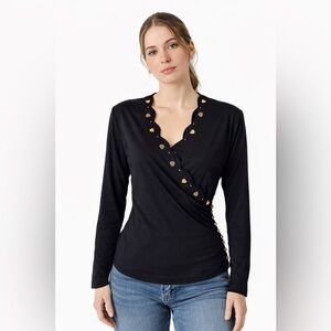 Polly Anna Black faux Wrap Top Gold Heart Buttons Long Sleeve Size M Vintage 90s